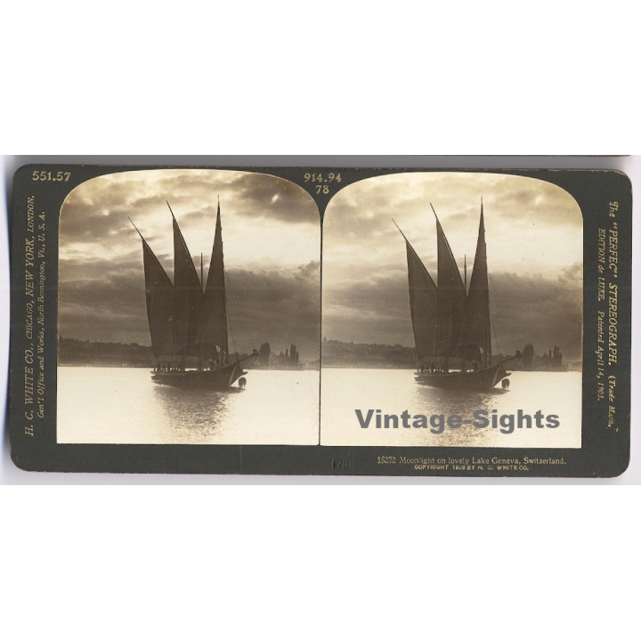 Switzerland: Moonlight On Lovely Lake Geneva / Three Masted Sailboat (Vintage Stereoscopic Photo 1908)