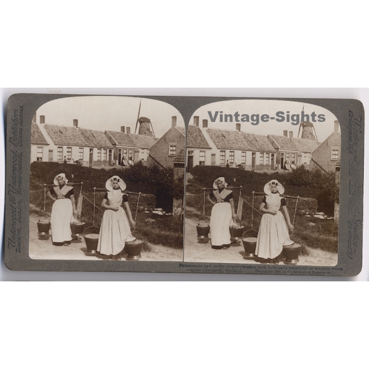 Zeeland / Netherlands: Dutch Countrywomen With Milk-Pails (Vintage Stereoscopic Photo 1900s)