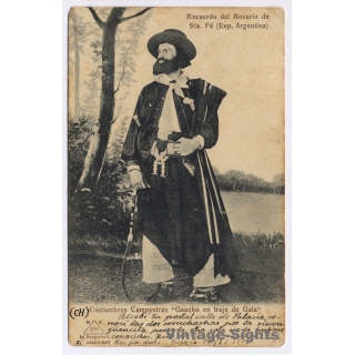 Rosario de Santa Fé: Gaucho en traje de Gala / Costumbres Campestres (Vintage PC 1909)