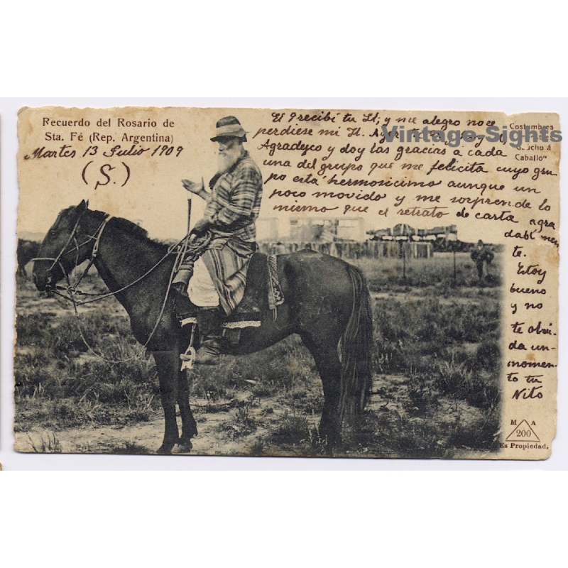 Rosario de Santa Fé: Gaucho á Caballo / Costumbres Campestres (Vintage PC 1909)