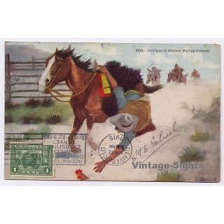 Cowboys In Chicken Pulling Contest (Vintage PC 1915)