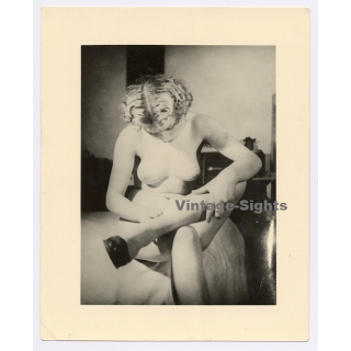 Erotic Study: Pretty Nude Pin-Up On Bed*2 (Vintage Photo ~1950s)