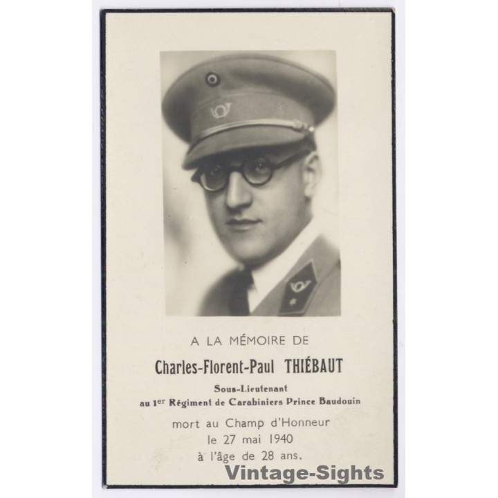 Condolence Card: Charles-Florent Thiébaut - Reg. Carabiniere Prince Baudouin (Vintage Photo 1940)