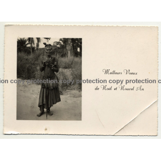 Congo X-Mas Card: Tribal Warrior / A. Melo - Stanleyville (Vintage RPPC B/W 1950s)