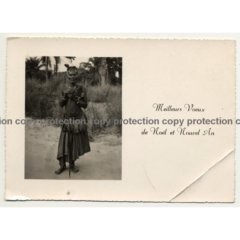 Congo X-Mas Card: Tribal Warrior / A. Melo - Stanleyville (Vintage RPPC B/W 1950s)