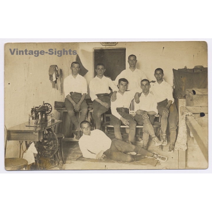 Group Of Young Men in Alpargatas / Sastrería Militar Española ? (Vintage RPPC ~1910s/1920s)