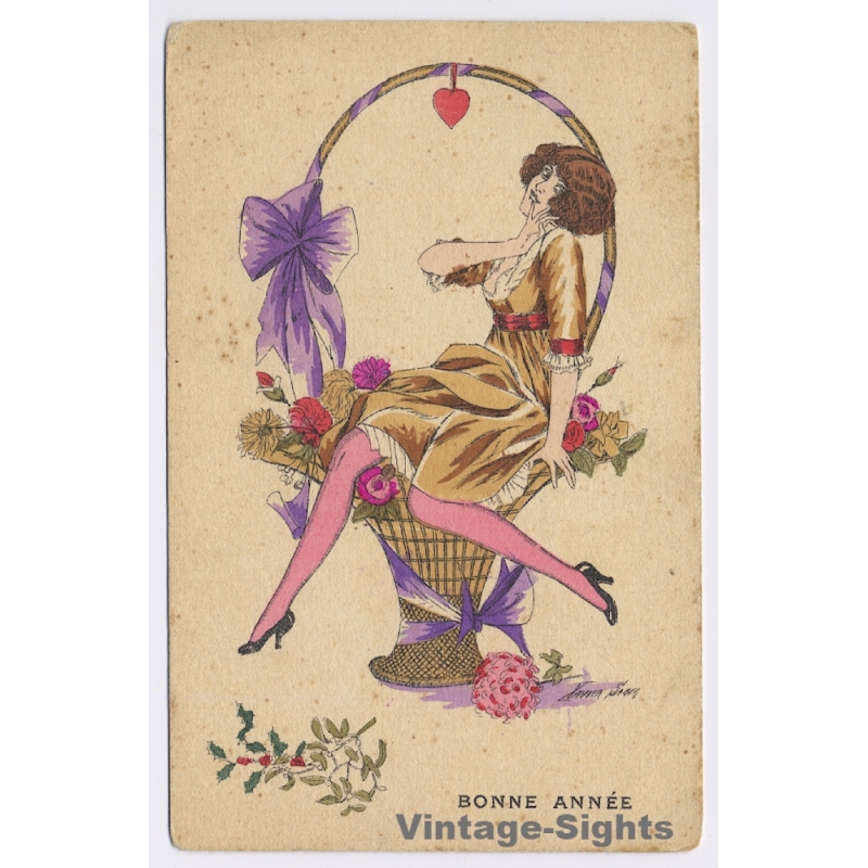 Xavier Sager: Bonne Année / Risqué - Art Nouveau (Vintage PC ~1910s)