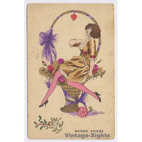 Xavier Sager: Bonne Année / Risqué - Art Nouveau (Vintage PC ~1910s)