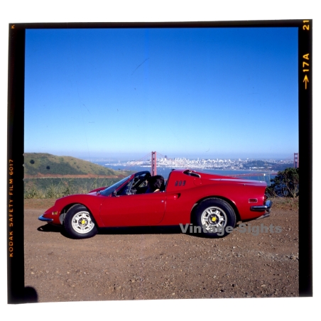 Ferrari Dino 264 GTS In Front Of Golden Gate Bridge (Vintage Diapositive ~1970s/1980s)