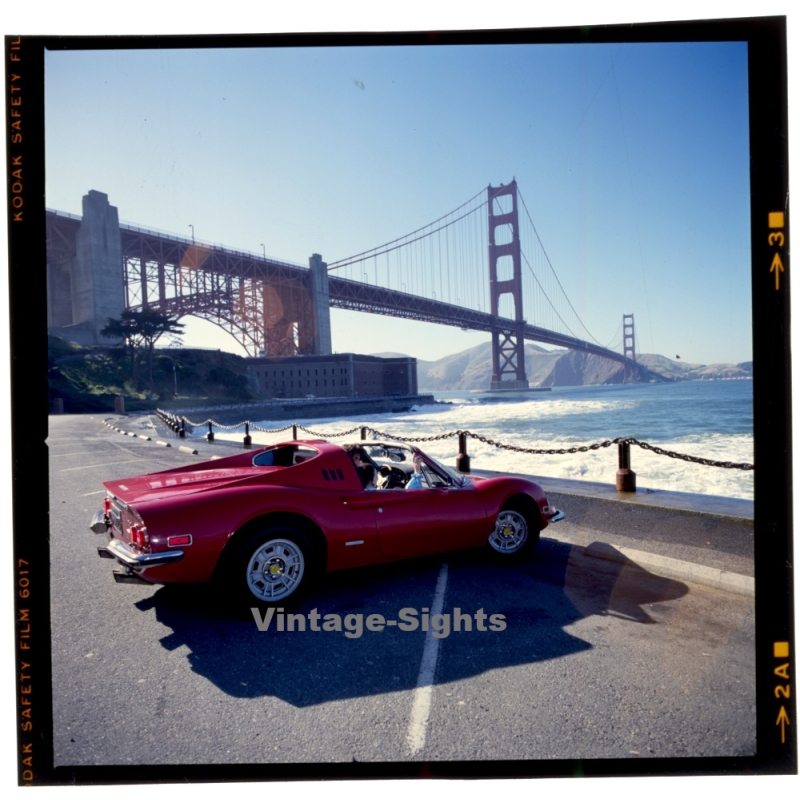Ferrari Dino 264 GTS In Front Of Golden Gate Bridge*2 (Vintage Diapositive ~1970s/1980s)