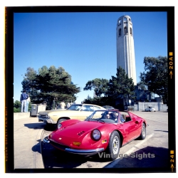 Ferrari Dino 264 GTS & Chevrolet Chevelle In Front Of Coit Tower (Vintage Diapositive ~1970s/1980s)