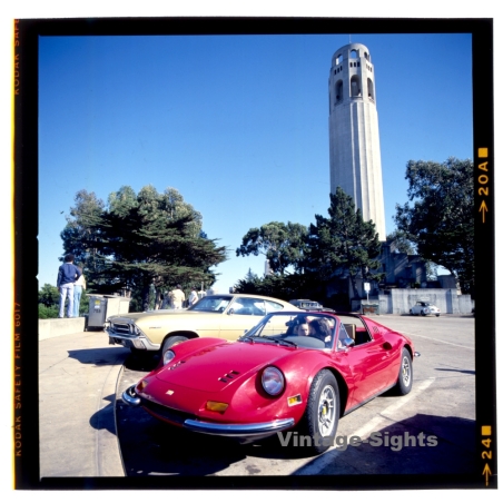Ferrari Dino 264 GTS & Chevrolet Chevelle In Front Of Coit Tower (Vintage Diapositive ~1970s/1980s)