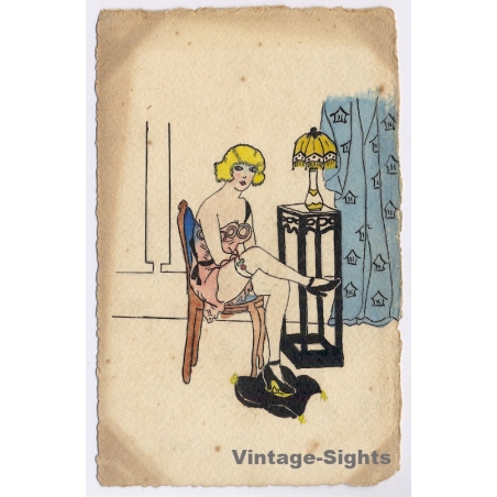 Boudoir: Semi Nude Female In Negligée / Risqué - Hand-Drawn (Vintage RPPC ~1920s)
