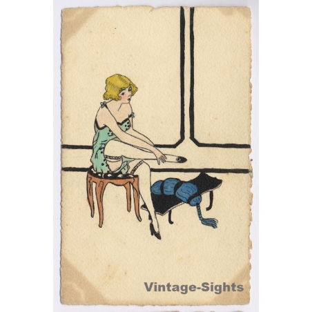 Boudoir: Semi Nude Female In Negligée *2 / Risqué - Hand-Drawn (Vintage RPPC ~1920s)