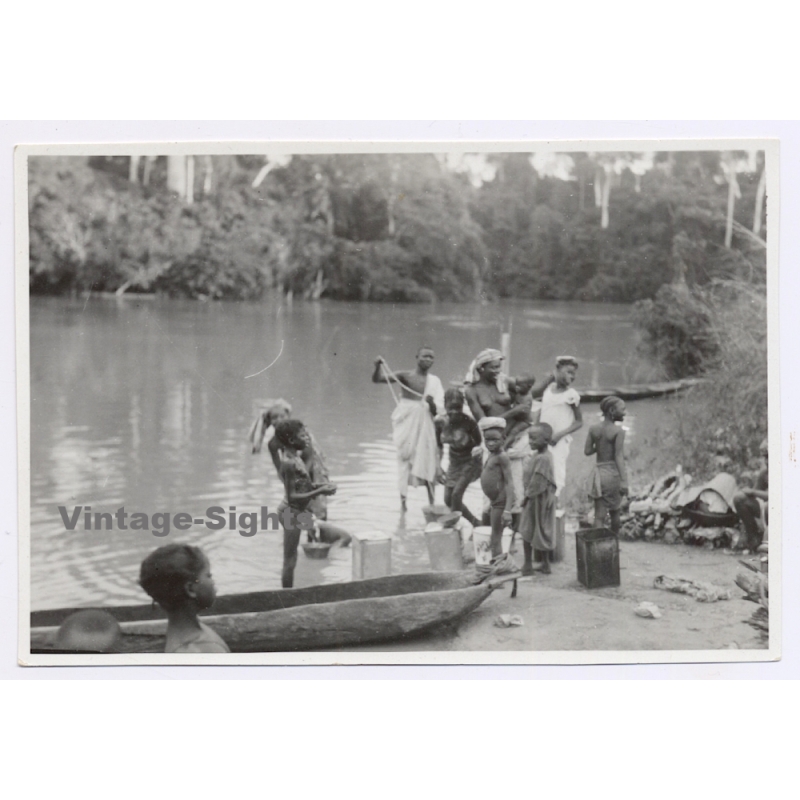 Belgian Congo: Native Tribe Member At Ituri River / Dugout (Vintage Photo ~1930s/1940s