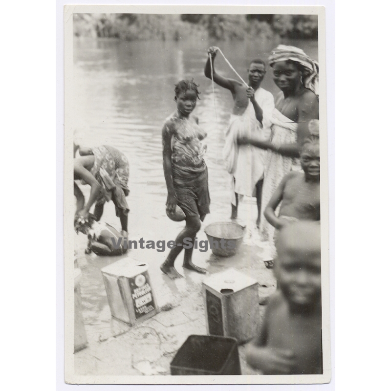 Belgian Congo: Native Tribe Members At Ituri River / Daily Cleaning (Vintage Photo ~1930s/1940s