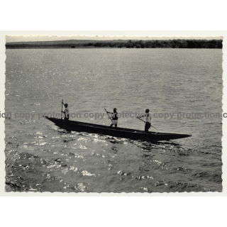 Congo / Africa: 3 Guys On Dugout (Vintage RPPC 1958)