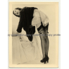 Dressed Woman Bends Over & Shows Kinky Lingerie / Suspenders (Vintage Photo B/W ~1940s/1950s)