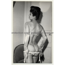 Skinny Brunette Takes Off Panties / Silk Gloves (Vintage Photo B/W ~1950s)