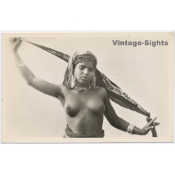 Maghreb: Topless Moorish Female With Turban / Ethnic Nude (Vintage RPPC ~1920s/1930s)