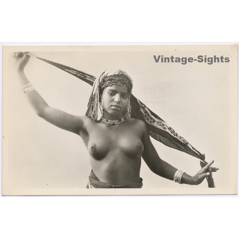 Maghreb: Topless Moorish Female With Turban / Ethnic Nude (Vintage RPPC ~1920s/1930s)
