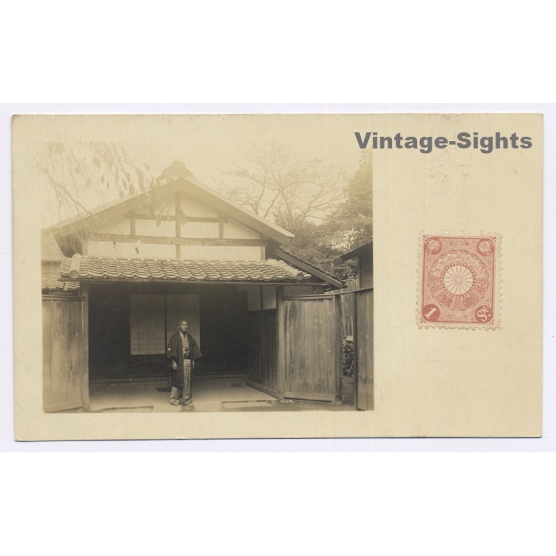 Japan: Rural House Man Kimono Chrysanthemum Stamp Meiji Era (Vintage RPPC 1905)