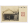 Japan: Rural House Man Kimono Chrysanthemum Stamp Meiji Era (Vintage RPPC 1905)