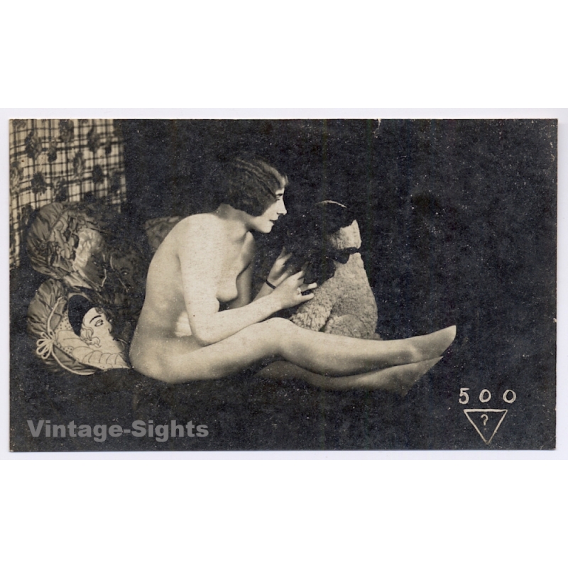 Studio Biederer 500 / Paris: Nude Female & Teddy Bea / Boudoir (Vintage RPPC ~1910s/1920s)