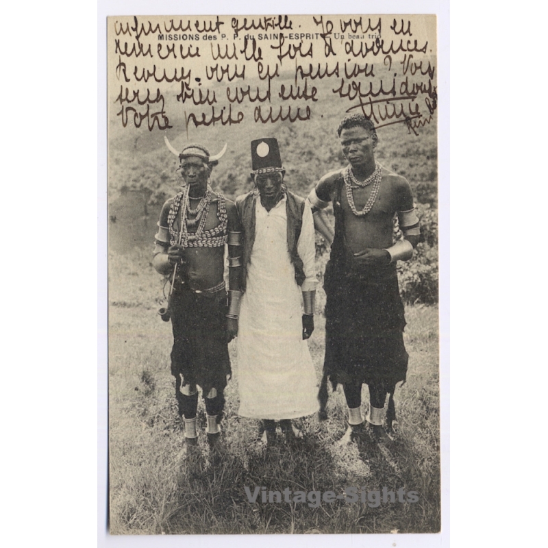 Missions des P.P. du Saint-Esprit: 3 Natives in Ceremonial Garb (Vintage PC ~1910s)