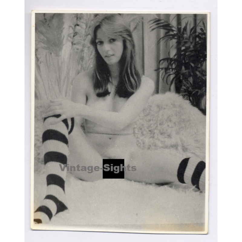 Erotic Study: Slim Pretty Nude In Striped Overknees (2nd Gen. Photo ~1970s)