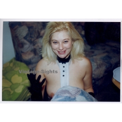 Erotic Study: Happy Blonde Female Flashes Boobs / Big Smile - Gloves (Vintage Photo Germany ~1990s)