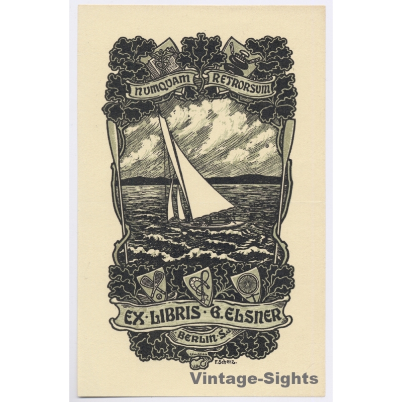Fritz Scherz: Sailing Boat (Vintage Exlibris/Bookplate)