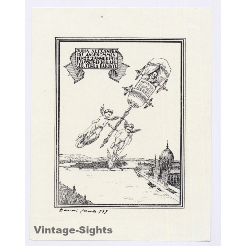 Garai János: Birth Notice - Angels - Danube (Vintage Exlibris/Bookplate 1929)