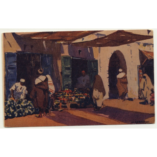 Mariano Bertuchi: Marruecos - Puesto De Frutas (Vintage Artist Postcard)