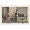 Japan: Cherry Dawn - Geisha Maika Tea Ceremony (Vintage Hand Tinted PC ~1910s)