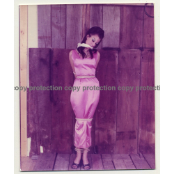 Brunette Beauty In Pink Dress Tied To Pale *2 / Gag - BDSM (Vintage Photo USA ~1970s)