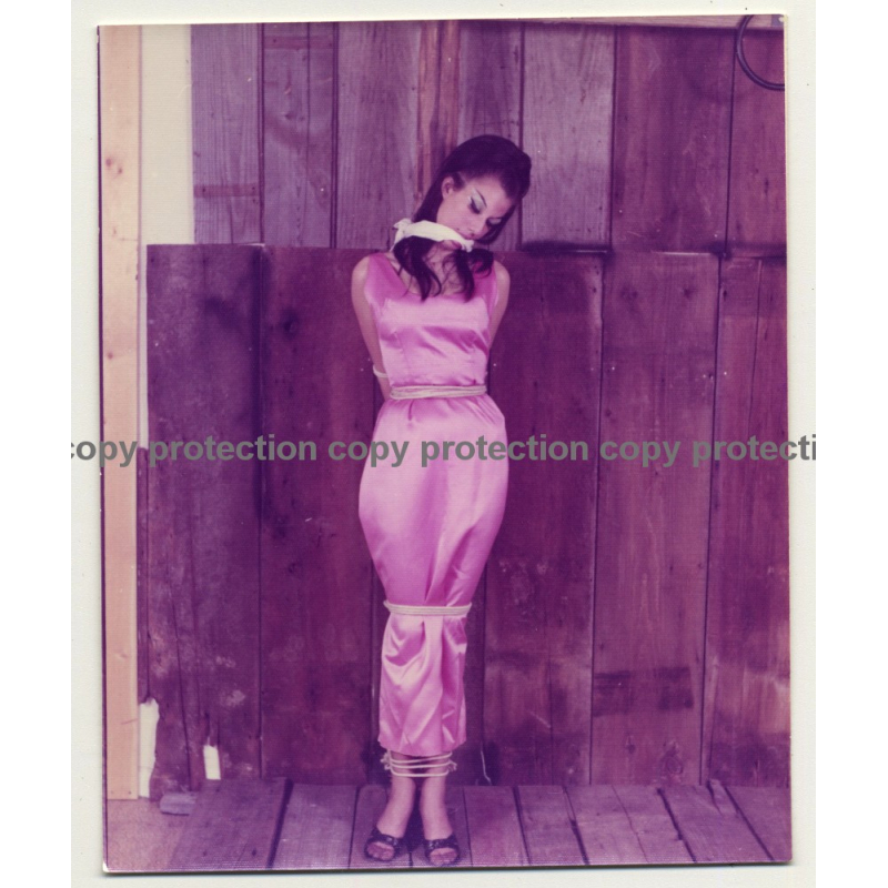 Brunette Beauty In Pink Dress Tied To Pale *2 / Gag - BDSM (Vintage Photo USA ~1970s)
