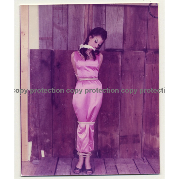 Brunette Beauty In Pink Dress Tied To Pale *2 / Gag - BDSM (Vintage Photo USA ~1970s)