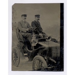 2 Gentlemen In Early Antique Car / Tintype (Vintage Ferrotype Photo ~1900s)