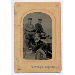 2 Gentlemen In Early Antique Car / Tintype (Vintage Ferrotype Photo ~1900s)