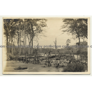 Congo Belge / Africa: Native People Building Wooden Bridge / River (Vintage RPPC B/W ~1930s)