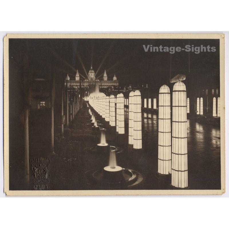 Barcelona World Fair 1929: Avenue Light Pillars Palau Nacional  / Concesiones Graficas (Vintage Photo)