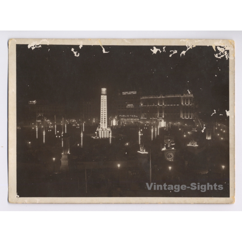 Barcelona World Fair 1929: Plaza Catalunya Night Lightning / Pedro Domecq (Vintage Photo)
