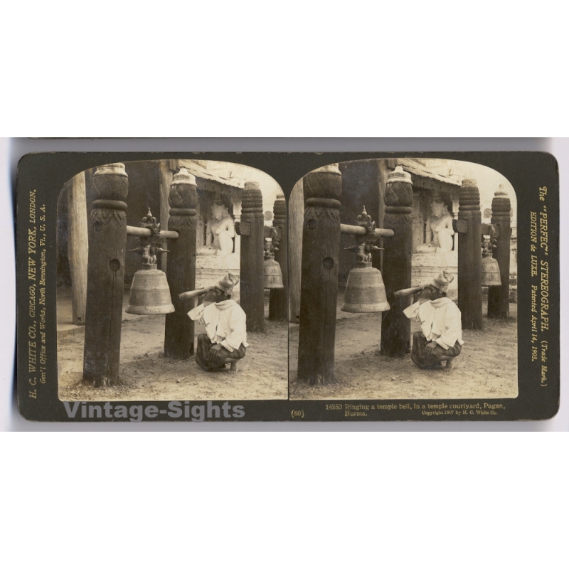 Burma: Pagan Temple Bell Ringer (Vintage Stereoview Photo 1907)