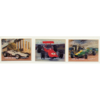 3D Stamps / Umm-Al-Qiwain: 3 Racing Cars / Formula 1 (Vintage Stamps 1972)