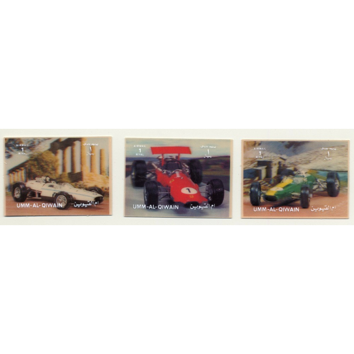 3D Stamps / Umm-Al-Qiwain: 3 Racing Cars / Formula 1 (Vintage Stamps 1972)
