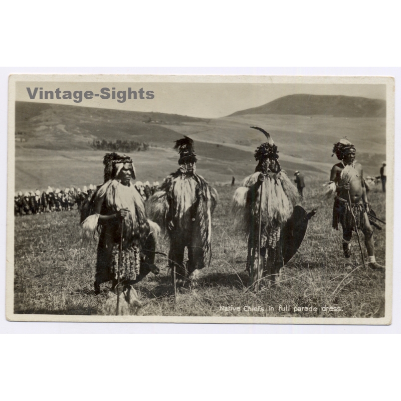 South Africa: Native Chiefs Of The Zulu Tribe In Full Parade Dress (Vintage RPPC 1920s/1930s)