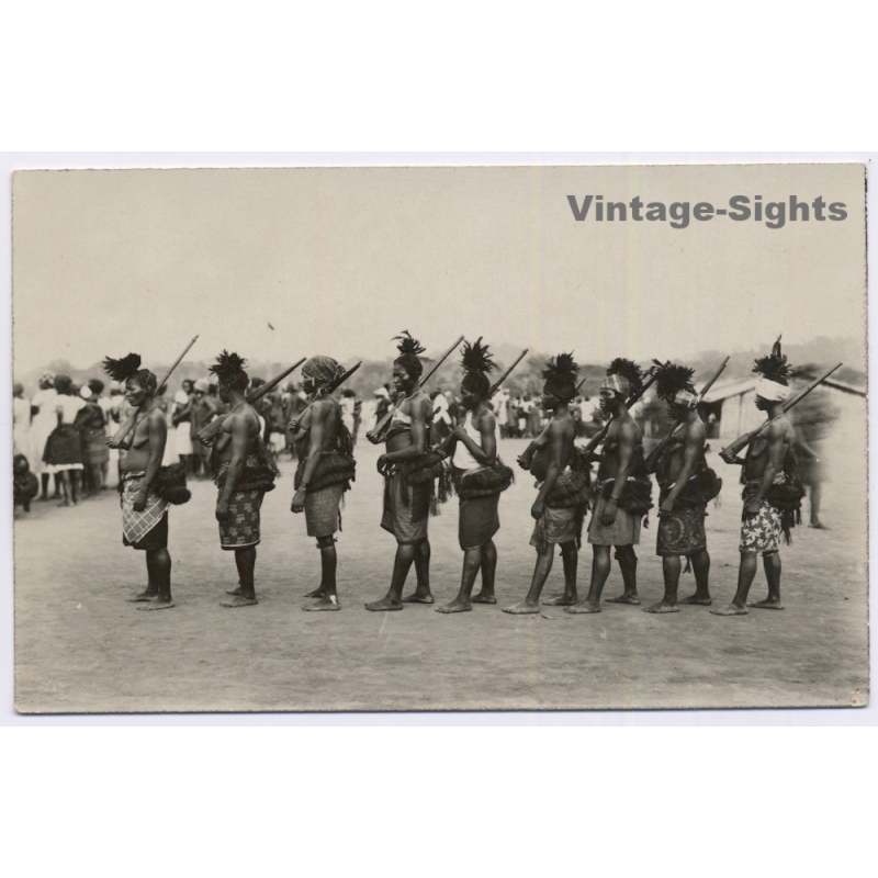 Congo Belge: Native Female Tribe Members Marching Holding Rifles (Vintage RPPC ~1920s/1930s)