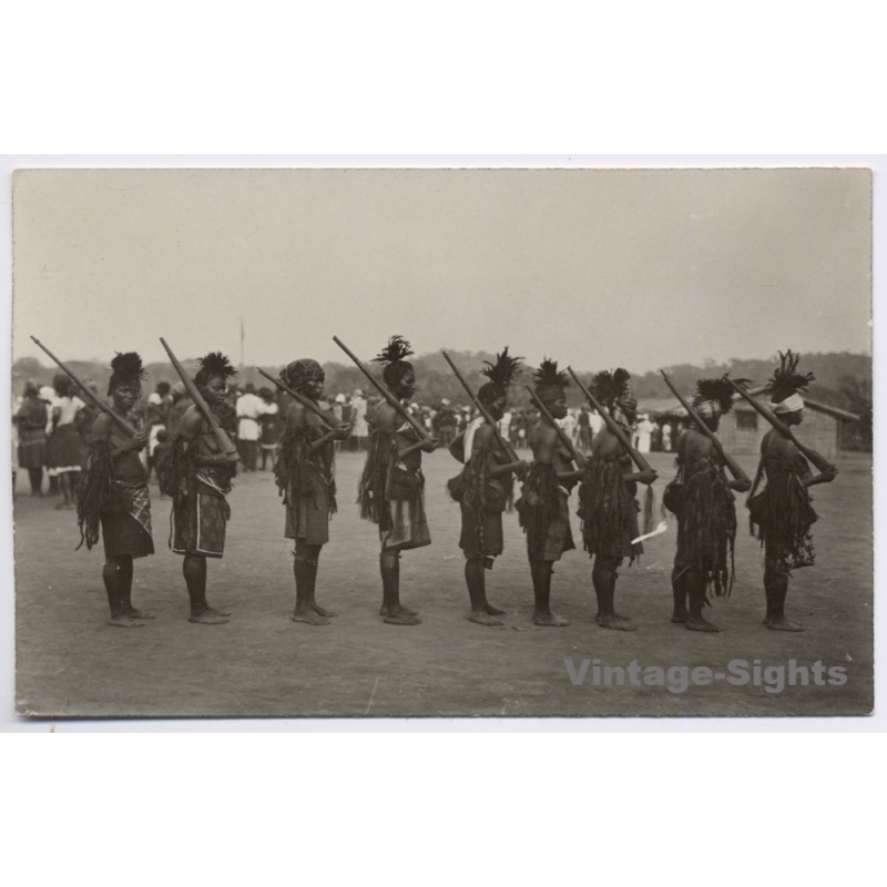 Congo Belge: Native Female Tribe Members Holding Rifles Parade (Vintage RPPC ~1920s/1930s)