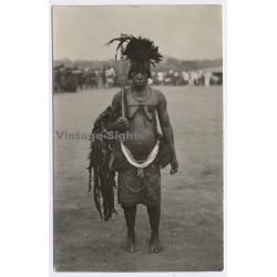 Congo Belge: Elder Native Female Warrior Rifle Weapon Ceremonial Dress (Vintage RPPC ~1920s/1930s)